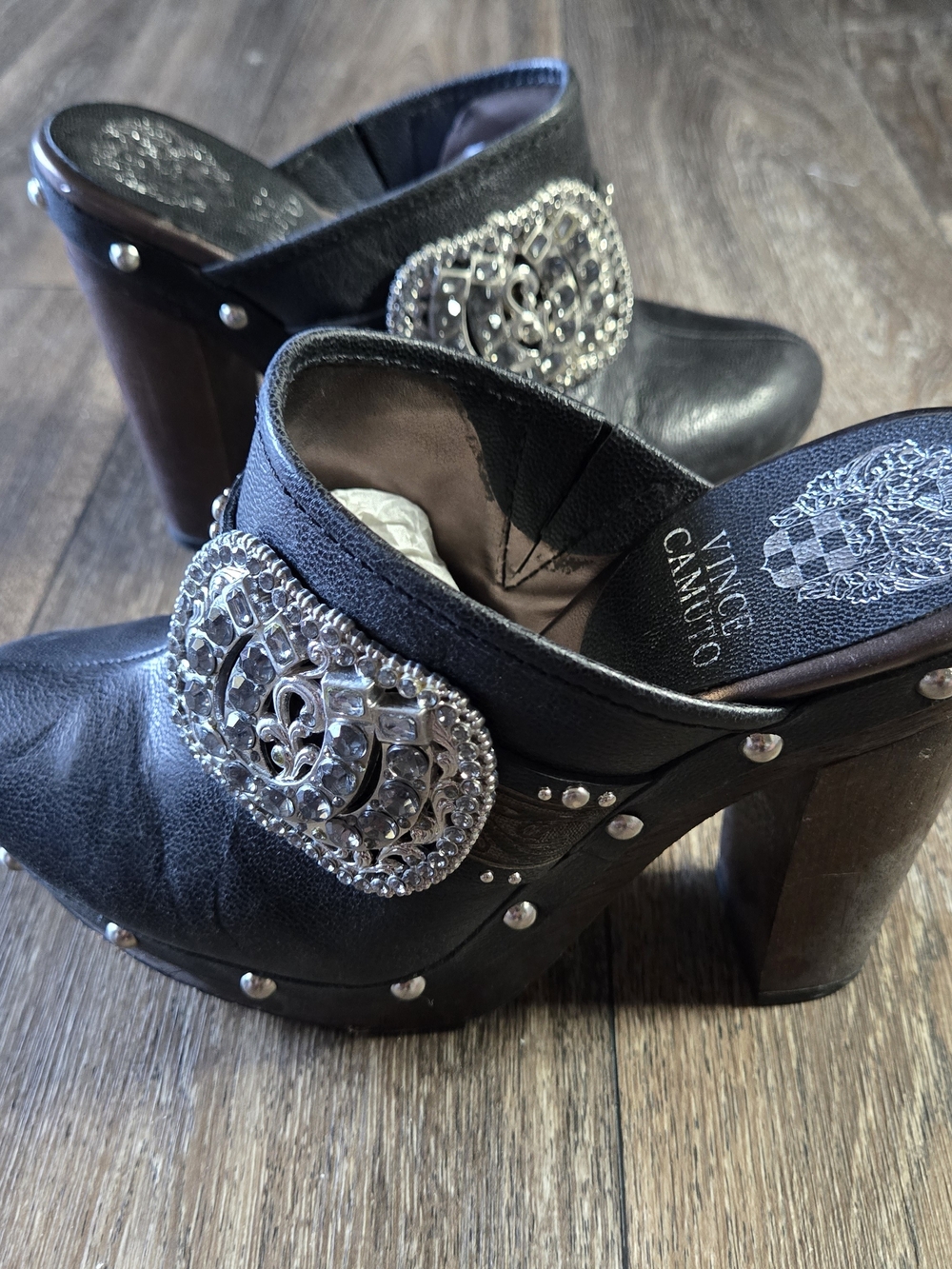 Y2K Vince Camuto Leather Studded CourtneyClogs with Silver Buckle And Wood Heel